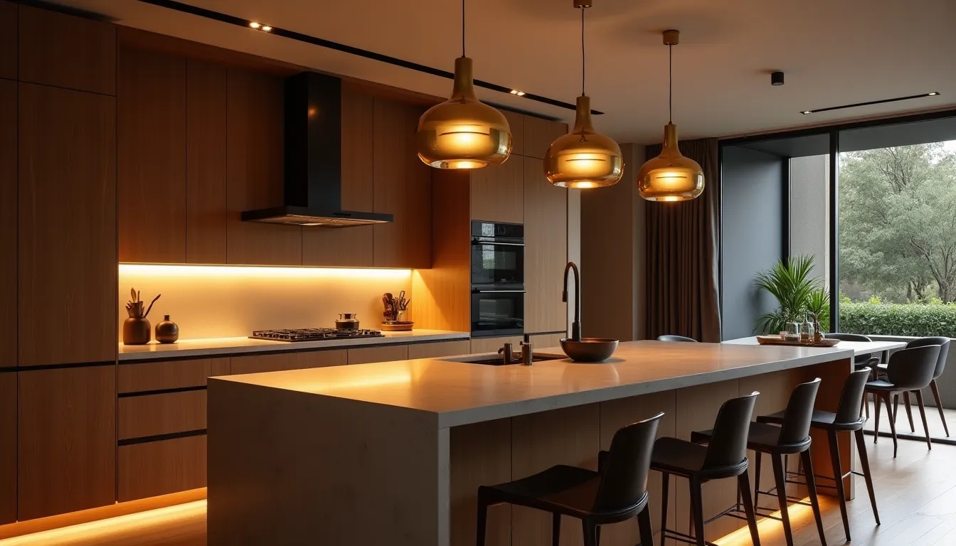 Cozinha e sala de jantar modernas com fita LED em sanca e pendentes sobre a ilha